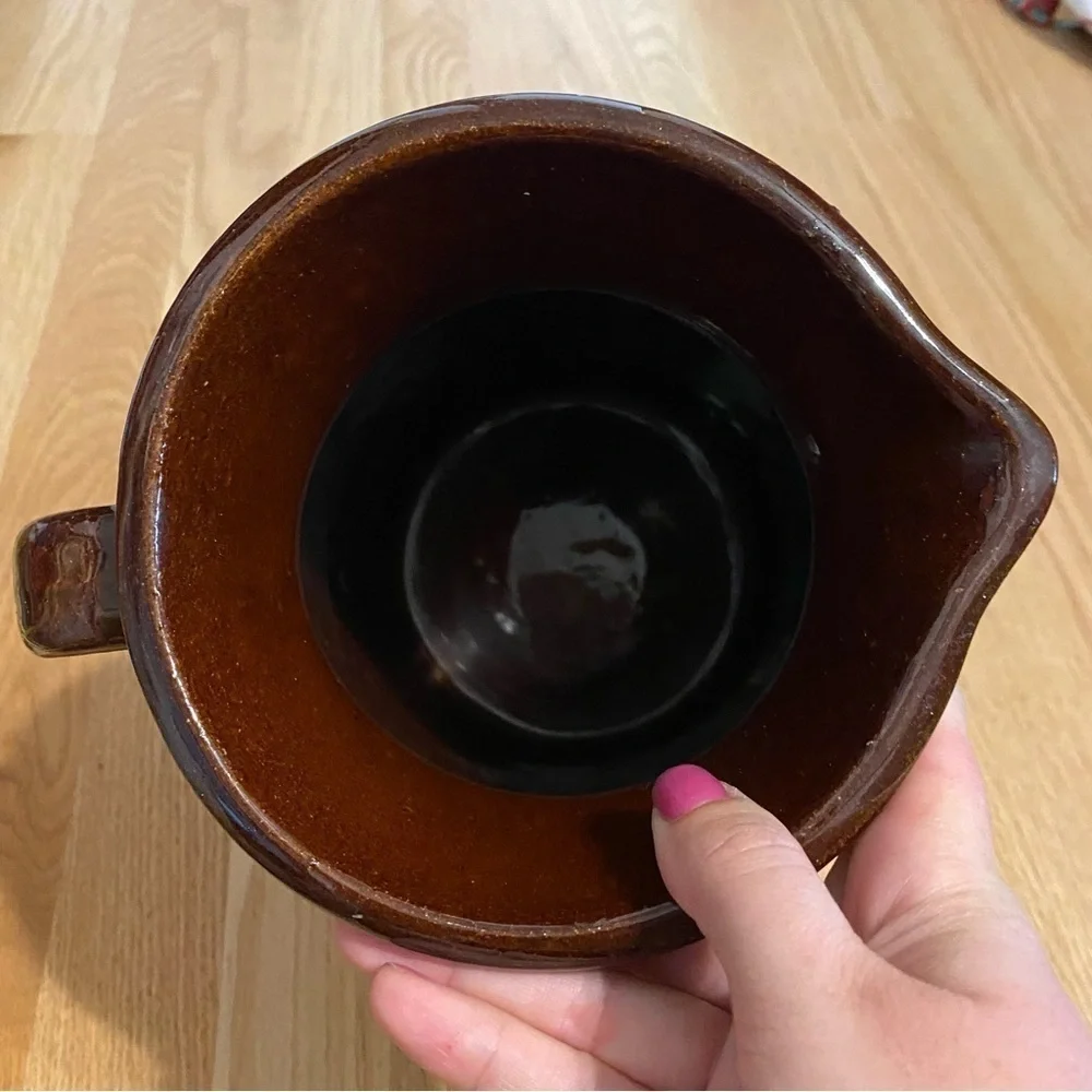 Vintage Stoneware Pottery Pitcher USA Brown Tan Crock Farmhouse Water Jug Milk